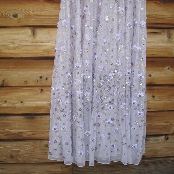 Mac Duggal Purple Floral Applique Puff Sleeve High Neck A-Line Gown Dress - Picture 12 of 15